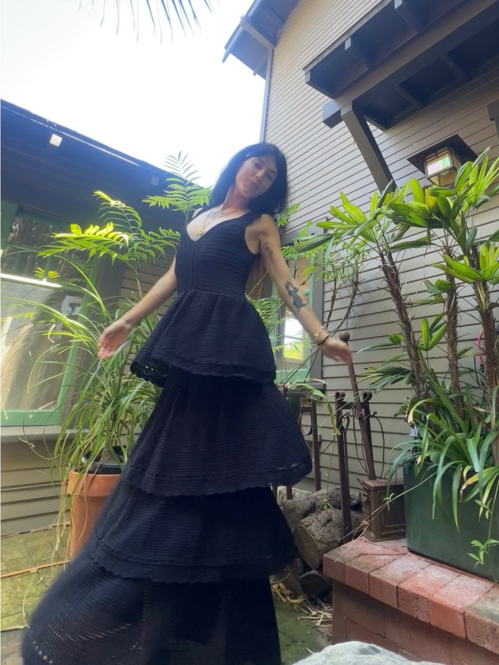FARM Rio Black Tiered Crochet Knit Sweater Dress Midi Maxi - Picture 2 of 8
